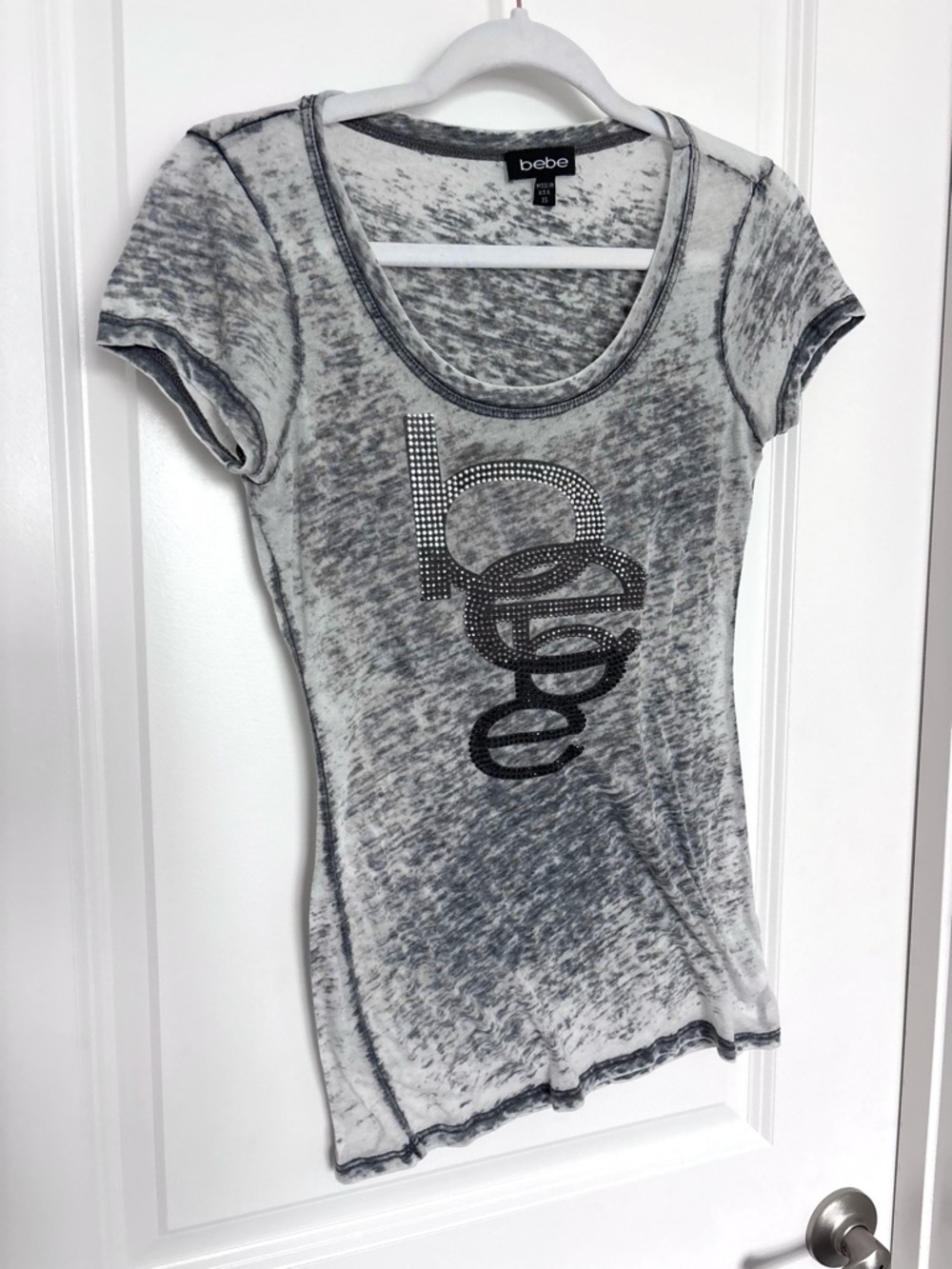 Bebe Y2K Sheer Graphic Baby Tee Rhinestone Logo Fitted Grunge Going Out Top XS